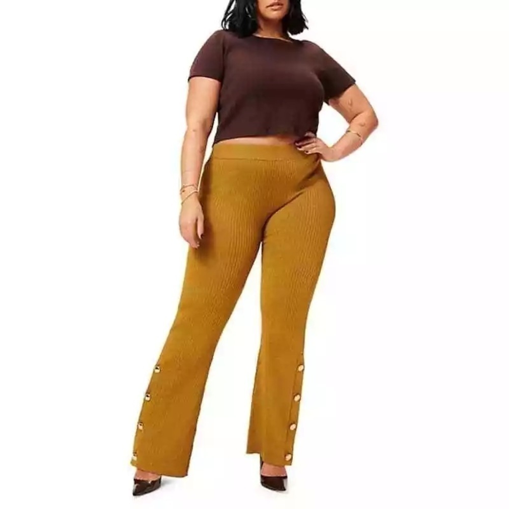 NWT Good American Plaited Rib Boss Flare Goldenrod pants - Picture 3 of 10